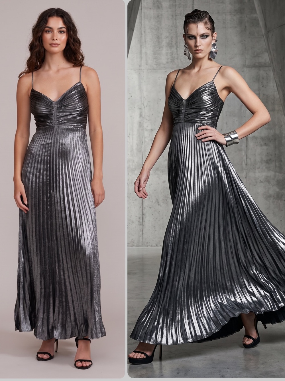 Lucy Paris Rose Metallic Silver Pleated Spaghetti-Strap Maxi Dress NWT $178